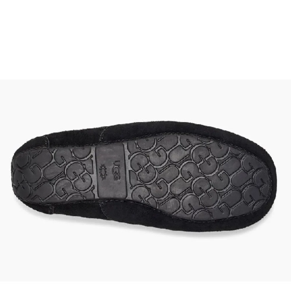 UGG Kids Black Suede Moccasin Slippers with Cream Shearling Lining